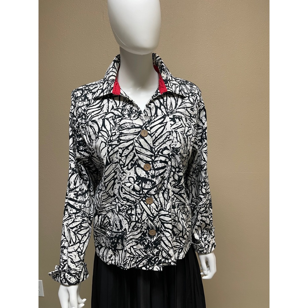 80s Vibe Coldwater Creek  B&W Leaf Print Jacket Women XL Abstract Artsy Flair